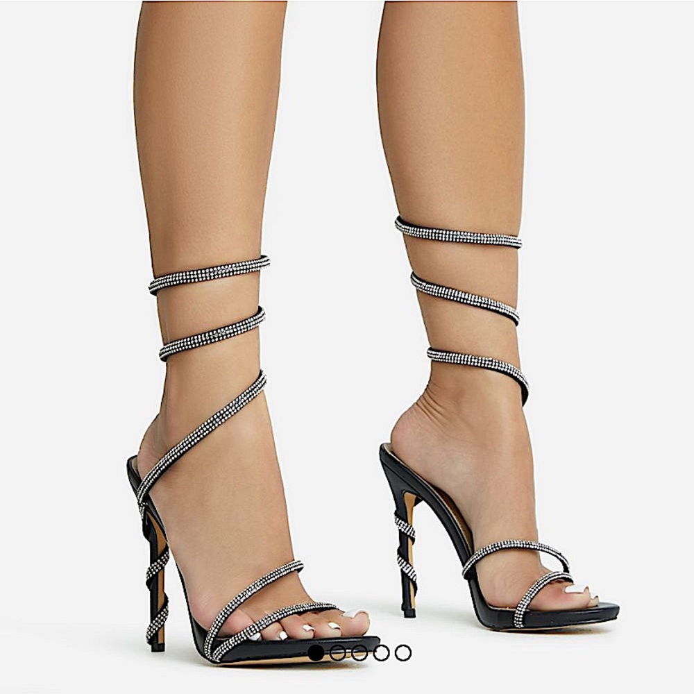 Ego Magda Silver Diamante Detail Wrap Around Strap Platform Stiletto Heels